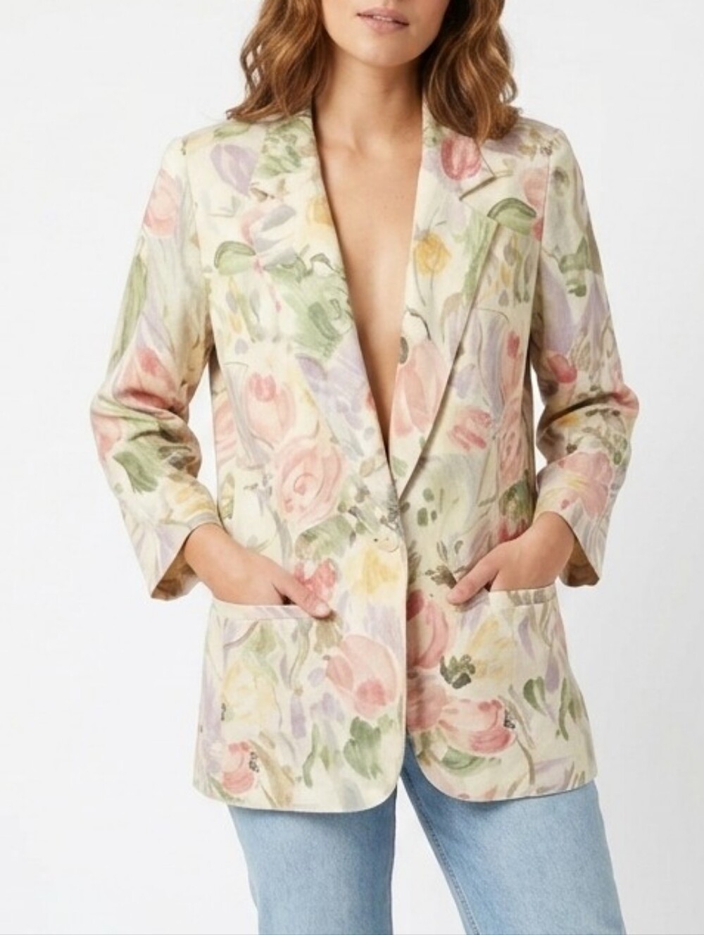 Vintage Worthington Pastel Watercolor Floral Impressionist Blazer Jacket